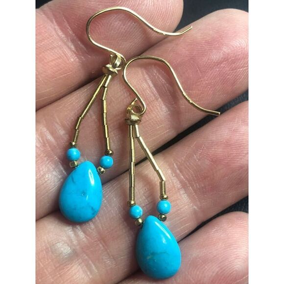 2561 Blue Turquoise 14k Gold filled GF Dangle drop earrings - Picture 2 of 2